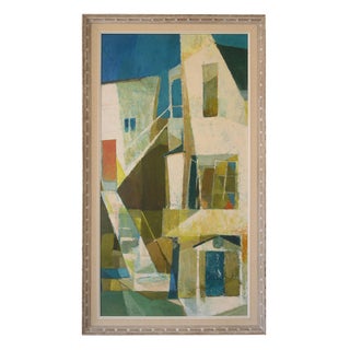 Mid Century Abstract Cubist Architectural Buildings Painting For Sale