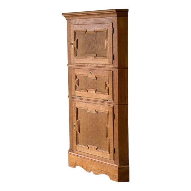 In Style of Henning Kjærnulf Oak Corner Storage Cabinet With 3 Paneled Doors Danish Mid-Century Modern 1970s For Sale