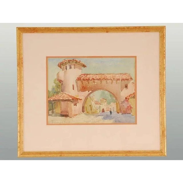 Antique American watercolor of Spanish village, Balboa Park, San Diego, by Frances Keffer (1881-1953), circa 1920....