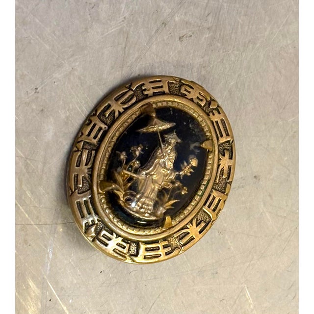 Gold Tone/Black Asian-Style Geisha Brooch For Sale - Image 4 of 4