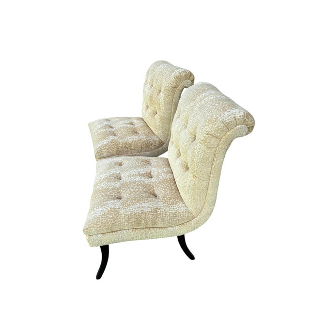 Quick Hits: Pair of restored 1940s slipper chairs Elegant Klismos silhouette with distinctive curved legs Upholstered in...