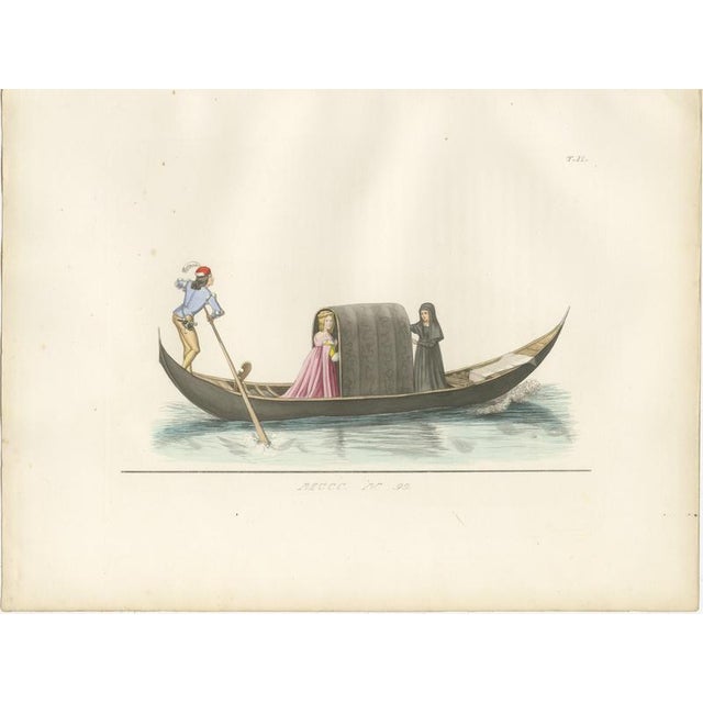 P. Mercuri, Venetian Noblewoman and Nun in Gondola Medieval Costume Plate, 1845, Print For Sale - Image 9 of 9