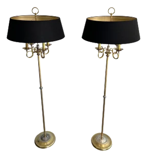 1940 Neoclassical Brushed Steel and Brass Floor Lamps in the Style of M. Charles - A Pair
