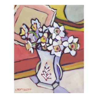 Catching Spring, White Daffodils in McCoy Vase, Original Oil Painting For Sale
