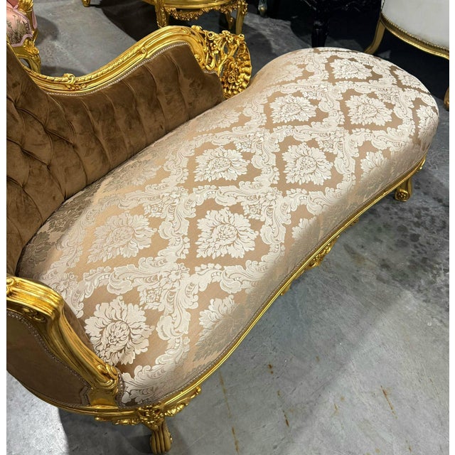 Textile Chaise Lounge French Style Light Brown Velvet With Gold Details For Sale - Image 7 of 10