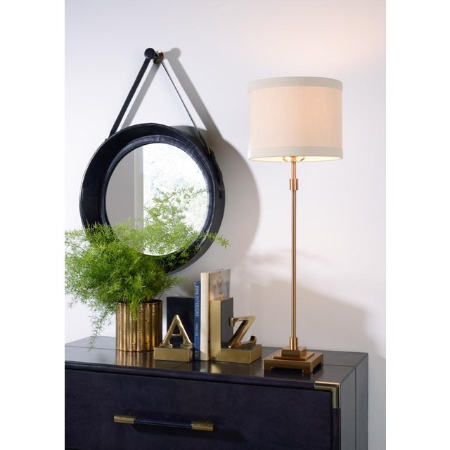 Brass finish antique patina 33h x 5.5w x 5.5d Shade Dimensions: top(10.5) bottom(10.5) side(8.5)