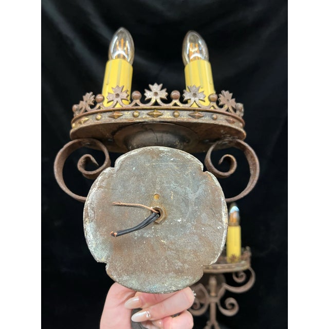 Spanish Revival 1920's Interior Sconces With Crown Detailing -A Pair For Sale - Image 4 of 12