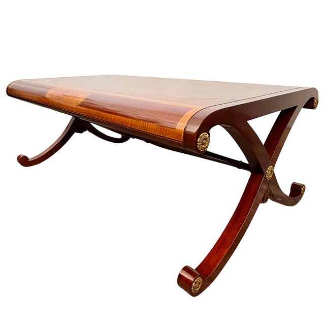 Neoclassical Late 20th Century Neoclassical Flame Mahogany & Satinwood Inlaid Curule Coffee Table For Sale - Image 3 of 18