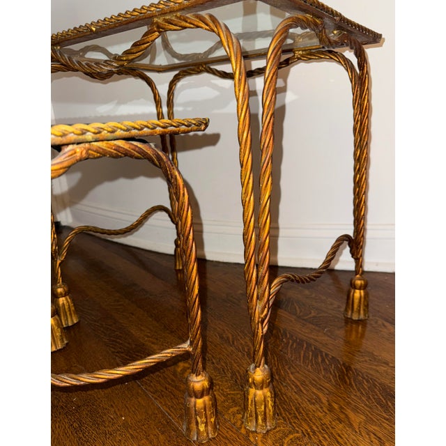Hollywood Regency Two Circa 1960s Palladio Italian Gilt Iron and Glass Twisted Rope/ Tassel Nesting Tables For Sale - Image 3 of 6