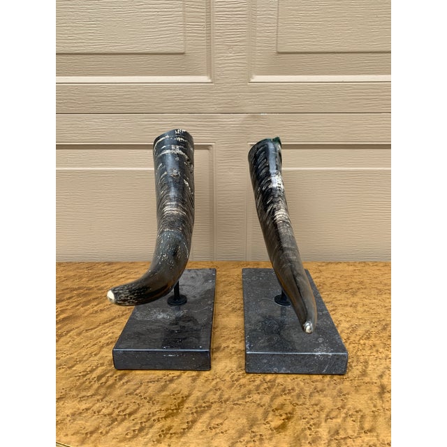 Pair of Vintage Faux Ram Horn Sculptures on Black Marble Bases For Sale - Image 16 of 16