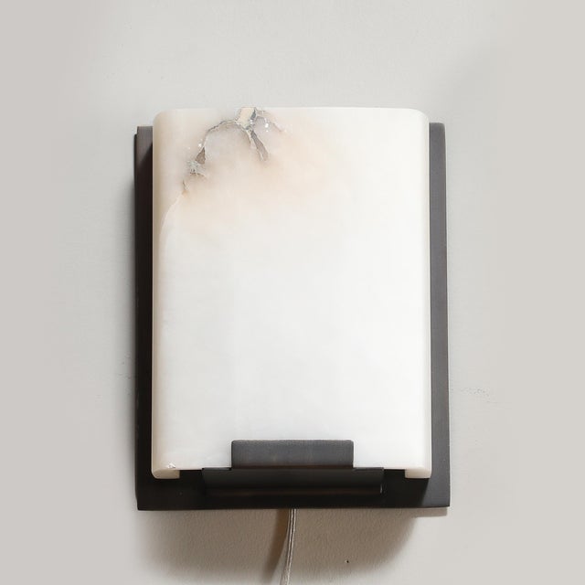 Late 20th Century Pair of Modernist Alabaster & Oil-Rubbed Bronze Wall Sconces For Sale - Image 5 of 18