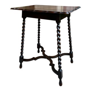 Antique English Oak End Side Table Barley Twist Scalloped Pie Crust Edge For Sale