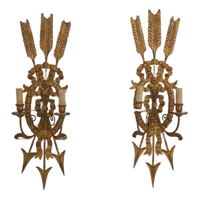 Pair Italian Gold Finish Giltwood Wall Sconces For Sale