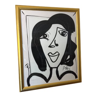 1970s Peter Keil Original Black & White Abstract Portrait Painting, Framed For Sale