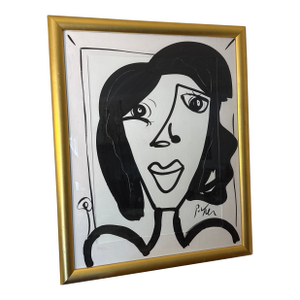 1970s Peter Keil Original Black & White Abstract Portrait Painting, Framed