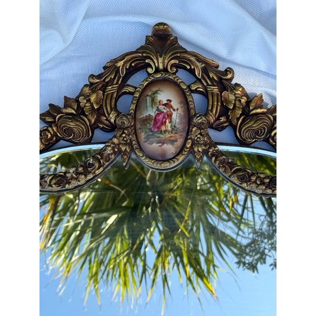 Antique Ornate Gilt Wall Mirror With Hand-Painted Porcelain Plaque For Sale - Image 4 of 11
