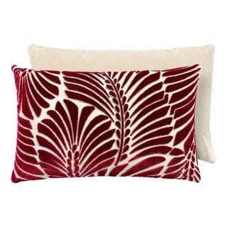 The House of Scalamandré Plumes / Velvet Lumbar Pillow, Cerise/beige, 22 X 14 For Sale