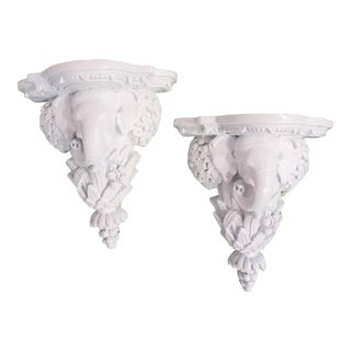Vintage Resin White Gloss Gampel Stoll Style Elephant Wall Sconce Shelves- a Pair For Sale