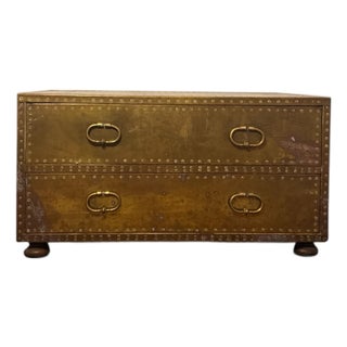 Vintage Sarreid Ltd. Spanish Brass-Clad Two-Drawer Campaign Chest For Sale