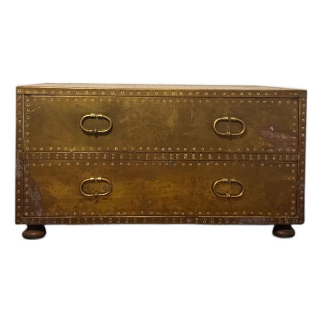 Vintage Sarreid Ltd. Spanish Brass-Clad Two-Drawer Campaign Chest For Sale