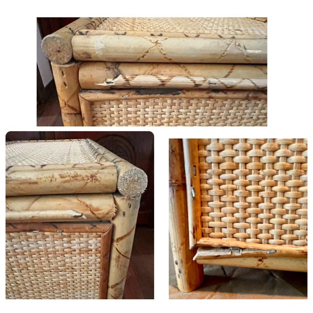 Mid 20th Century Mid-Century Chinoiserie Bamboo and Cane Wicker Lidded Small Side Table, Blanket Che For Sale - Image 12 of 12