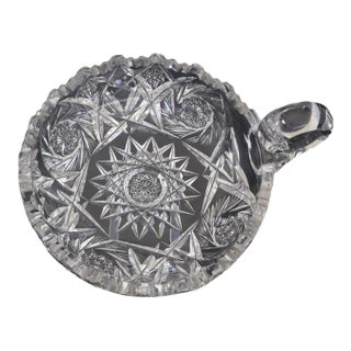 American Brilliant Period Cut Crystal Handled Nappy – Hobstar & Fan Pattern – Sawtooth Rim For Sale