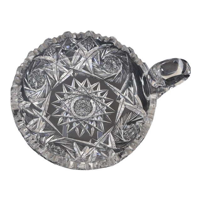 American Brilliant Period Cut Crystal Handled Nappy – Hobstar & Fan Pattern – Sawtooth Rim For Sale