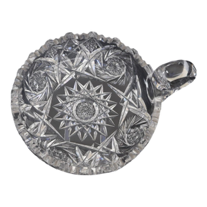 American Brilliant Period Cut Crystal Handled Nappy – Hobstar & Fan Pattern – Sawtooth Rim
