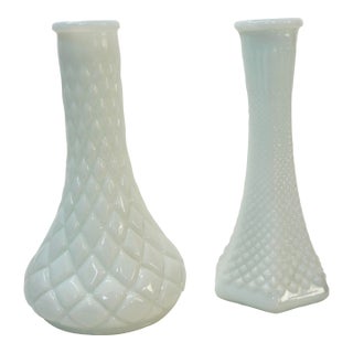Vintage Mid-Century White Milk Glass Bud Vases - Pair For Sale