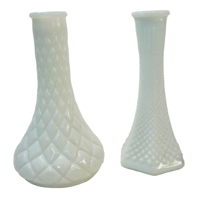 Vintage Mid-Century White Milk Glass Bud Vases - Pair For Sale