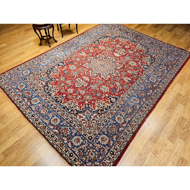 Vintage Isfahan Rug, Hand-Knotted Wool, Floral Pattern, Red & Blue, 9x12 For Sale In Chicago - Image 6 of 16