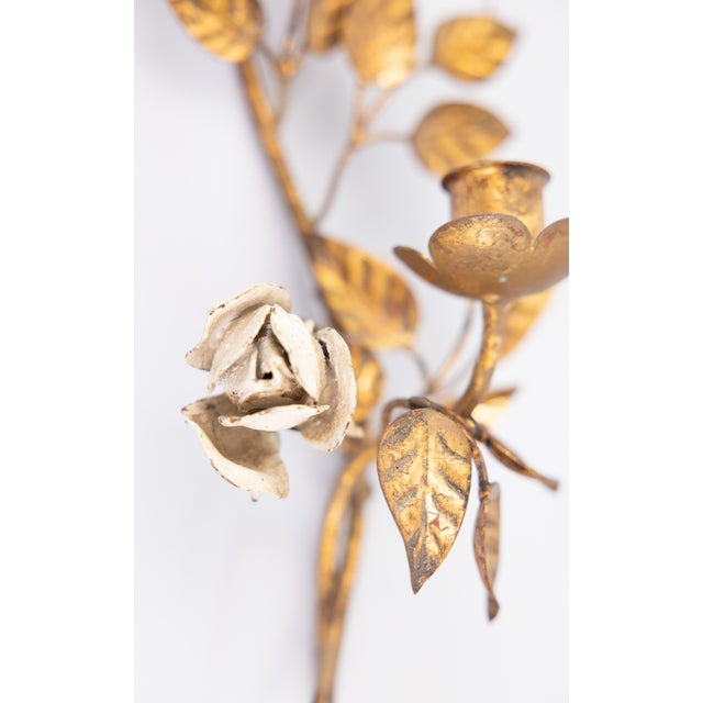 Hollywood Regency Vintage Italian Gilt Tole & White Roses Candle Sconce For Sale - Image 3 of 8