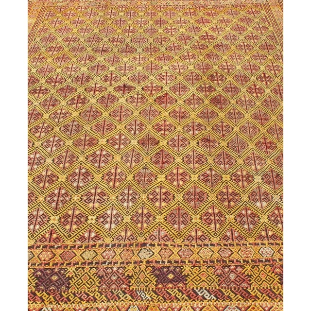Vintage Turkish Embroidered Kilim Rug With Diamond Design in Yellow and Red. Vintage Turkish Kilim rug with all-over...