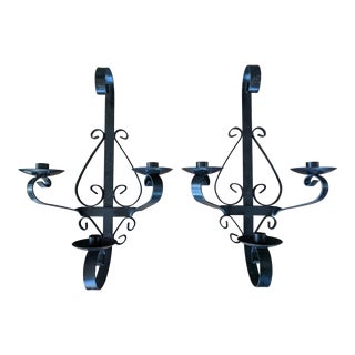 Vintage Mediterranean Spanish Revival Scrolled Wrought Iron Candelabra Wall Candle Holder Sconces- a Pair For Sale