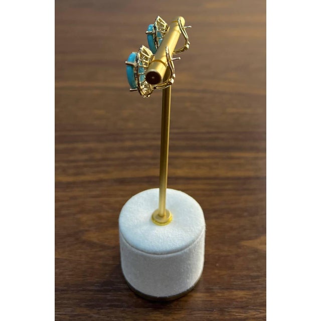 Blue Teal Turquoise Diamonds Lattice 14k Yellow Gold Statement Earrings - Set of 2 For Sale - Image 10 of 12