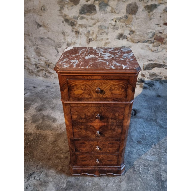 French Bedside Cabinet with Burr Walnut Veneer and Marble Top, 1900s For Sale - Image 10 of 17
