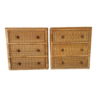 Vintage Coastal Boho Chic Wicker Rattan Three - Drawers Nightstands - a Pair For Sale
