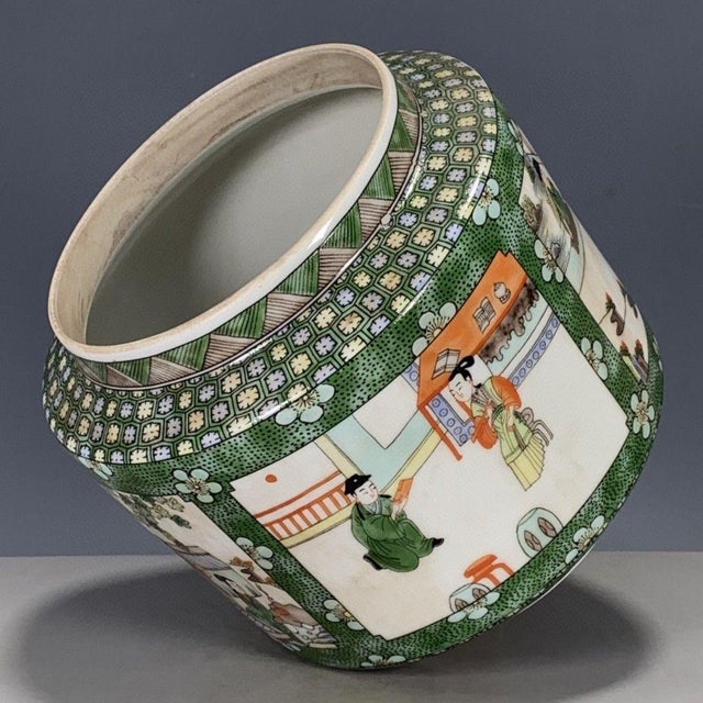 Green Vintage Chinese Green Ground Famille Rose "Figural" Covered Jar With Old Museum Label For Sale - Image 8 of 9