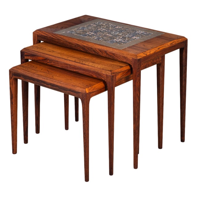 Danish Nesting Tables in Rosewood with Tiles by Johannes Andersen for CFC Silkeborg, 1960s, Set of 3 For Sale