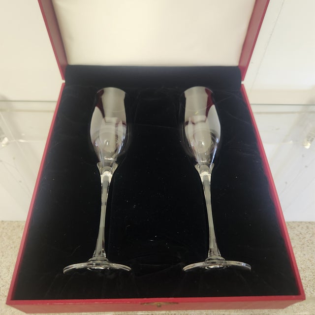 Glass Cartier Champagne Flute Pair in Presentation Box For Sale - Image 7 of 9