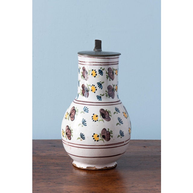 Pewter-Mounted Floral Jug from Brussels Faience, Late 18th Century For Sale - Image 3 of 11