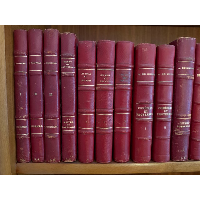 Mid 20th Century Lot of 40 Vintage Leather Bound Books in French With Decorative Red Bindings For Sale - Image 5 of 8