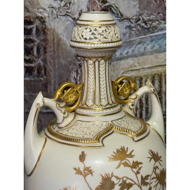 Antique Royal Worcester Porcelain Reticulated Vase, 24 Carat Gold Chrysanthemum Decoration, Aesthetic Movement C1888 #1200 (The Persian Vase) For Sale - Image 9 of 12