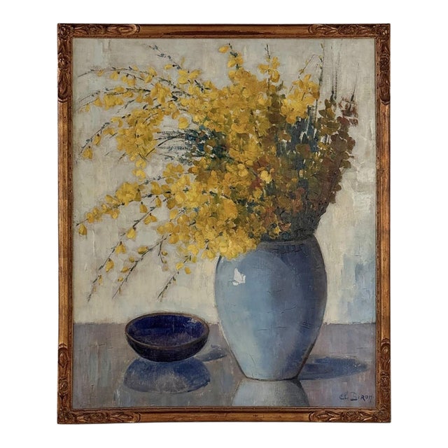 Framed Oil Painting on Canvas by Clemence Biron Dated 1925 'Forsythia' For Sale