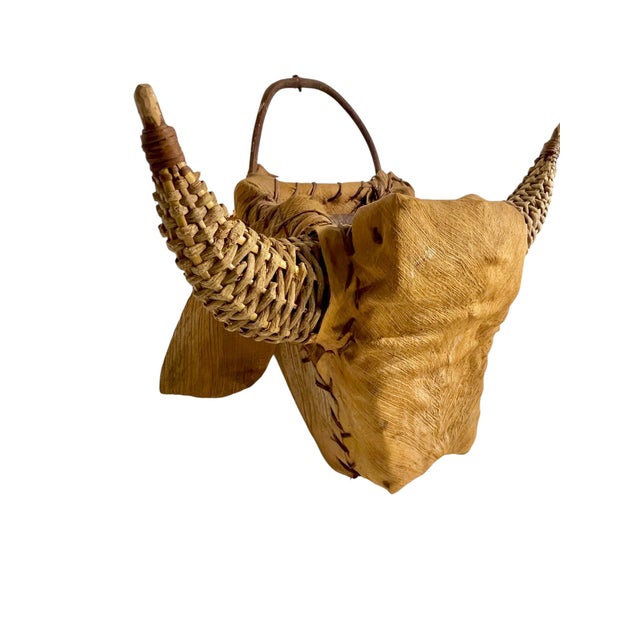 Mid-Century Modern Vintage Woven Bull Head Wall Sculpture | Folk Art Rattan Mount, 1970s For Sale - Image 3 of 14