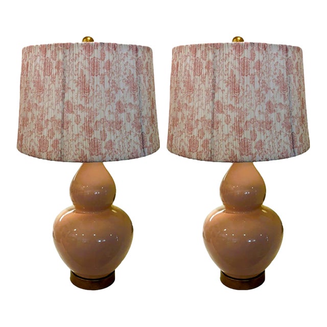 Lillian August Blush Double Gourd Table Lamps With Pleated Floral Shades - A Pair For Sale