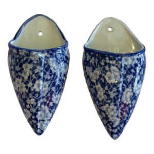 Pair of Blue and White Glazed Ceramic Floral Wall Pockets