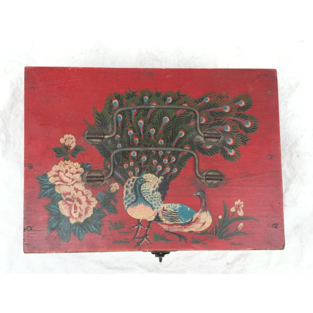 Antique wood keepsake/jewelry box with hand-painted peacocks and flowers. Made by the Yao hill tribe of Hunan province....