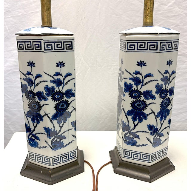 Ceramic Vintage Mid Century Blue and White Ceramic Hexagon Shaped Table Lamps- A Pair For Sale - Image 7 of 17