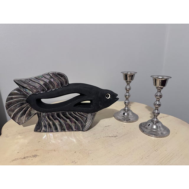 Beautiful ceramic fish for your coastal design, really unique piece of art a MidCentury modern style finish a dark grey...